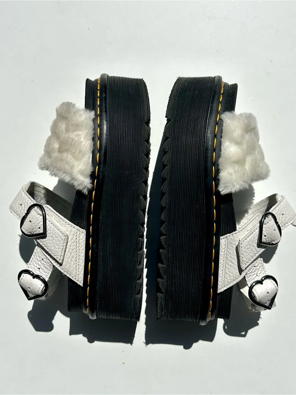 Dr. Martens Voss White Faux-Fur & Leather Platform Sandals Black Sole, UK 4 US 6